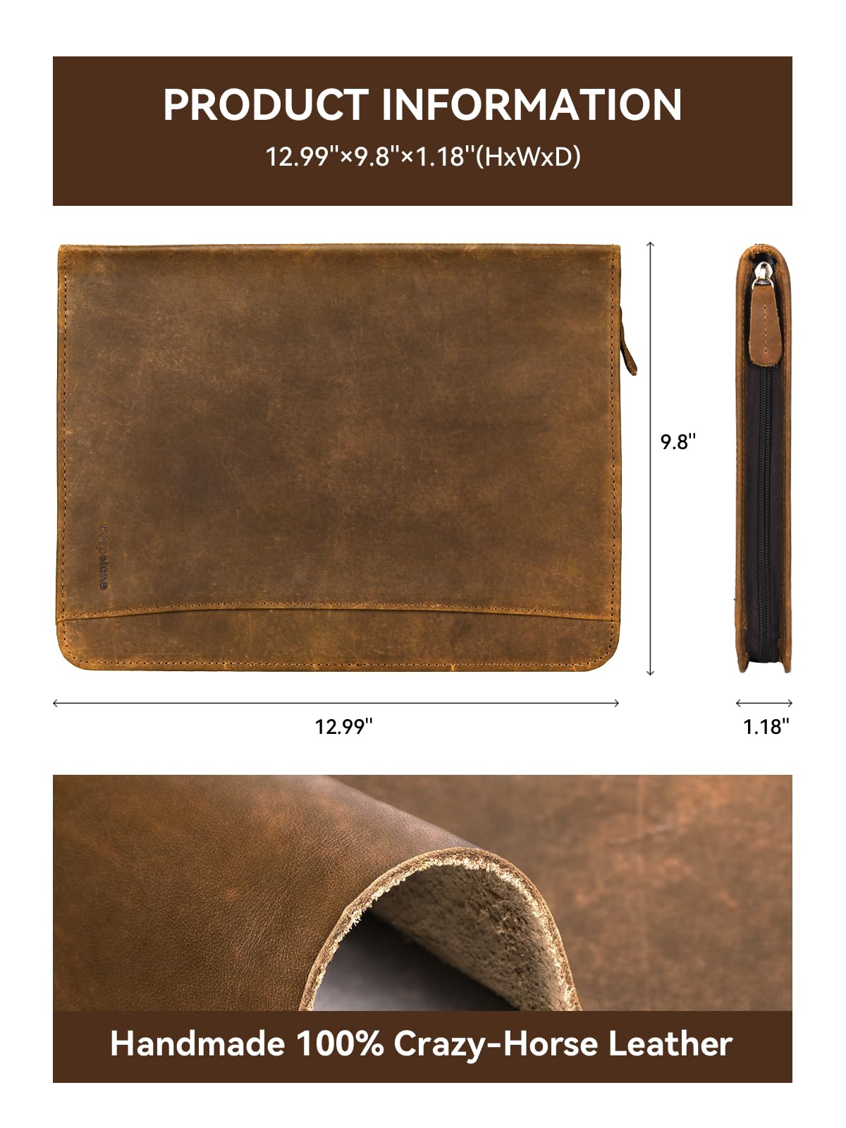 Carpetene Genuine Leather Portfolio, Professional Padfolio Binder Organizer with Zipper, Stylish Brown Cowhide Padfolio for Men Women, Leather Folio Folder for Business, Legal A4/Pad Holder Compatible