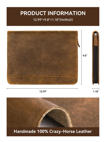 Carpetene Genuine Leather Portfolio, Professional Padfolio Binder Organizer with Zipper, Stylish Brown Cowhide Padfolio for Men Women, Leather Folio Folder for Business, Legal A4/Pad Holder Compatible