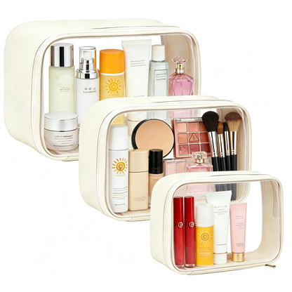 FFpaw Travel Clear Makeup Bag Set for Women, 3 Pack Travel Size Toiletry Bag with Zipper Small Makeup Pouch for Purse Waterproof Portable Cosmetic Case Compact Car Organizer Storage Bag (Beige Set)