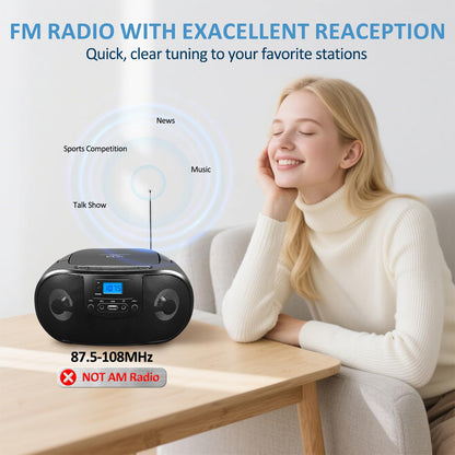 Portable CD Player Boombox with FM Radio, Top Loading CD Stereo Boom Box for Home, Bluetooth, Remote Control, LED Light, Headphone/Mic Jack, Support CD-R/RW/MP3-CD, USB, LCD Display, Black