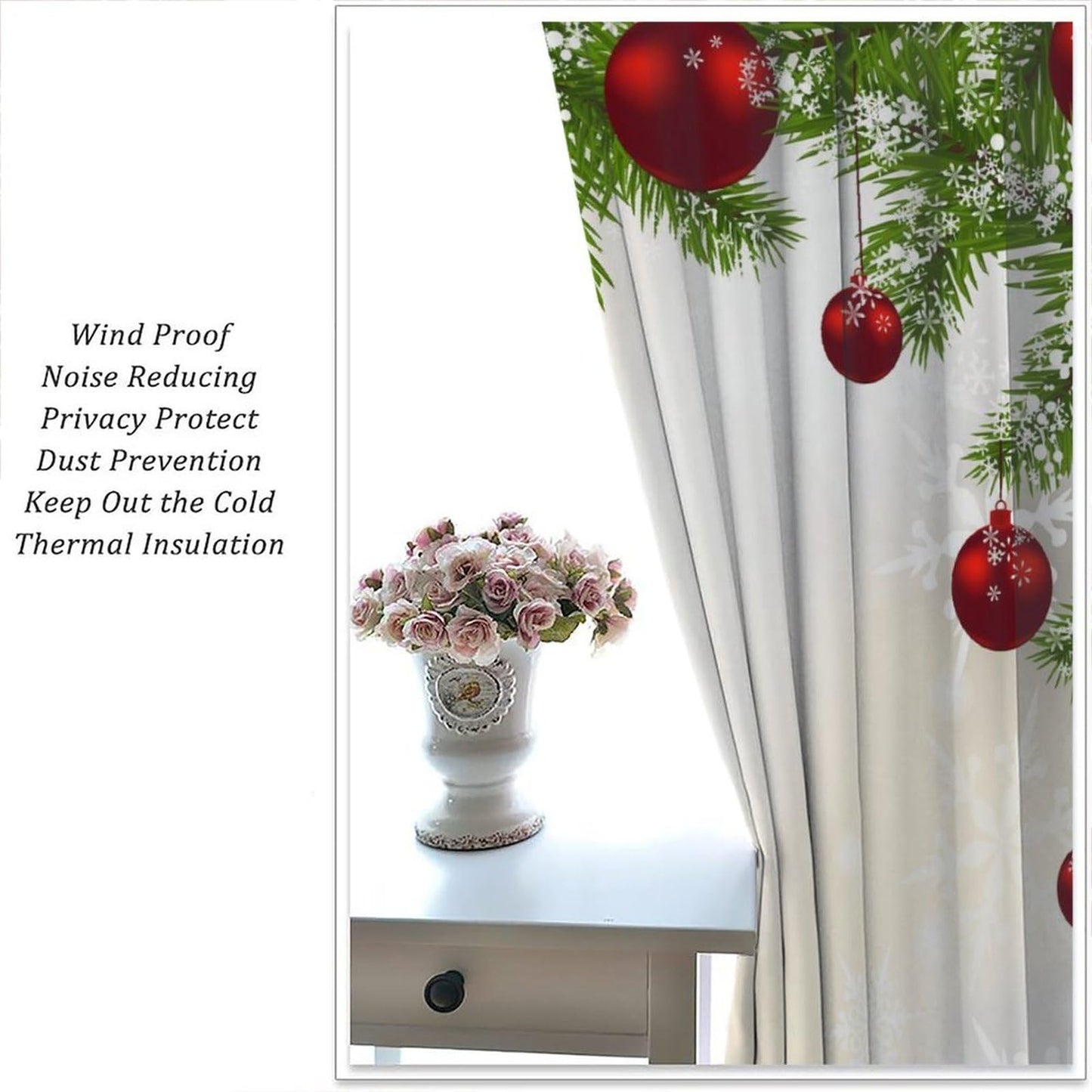 ICMOLYYENLO Merry Christmas Curtains, Red Balloons with Pine Fir Tree Holiday Season Art Print Living Room Bedroom Curtains 42x44 Inch