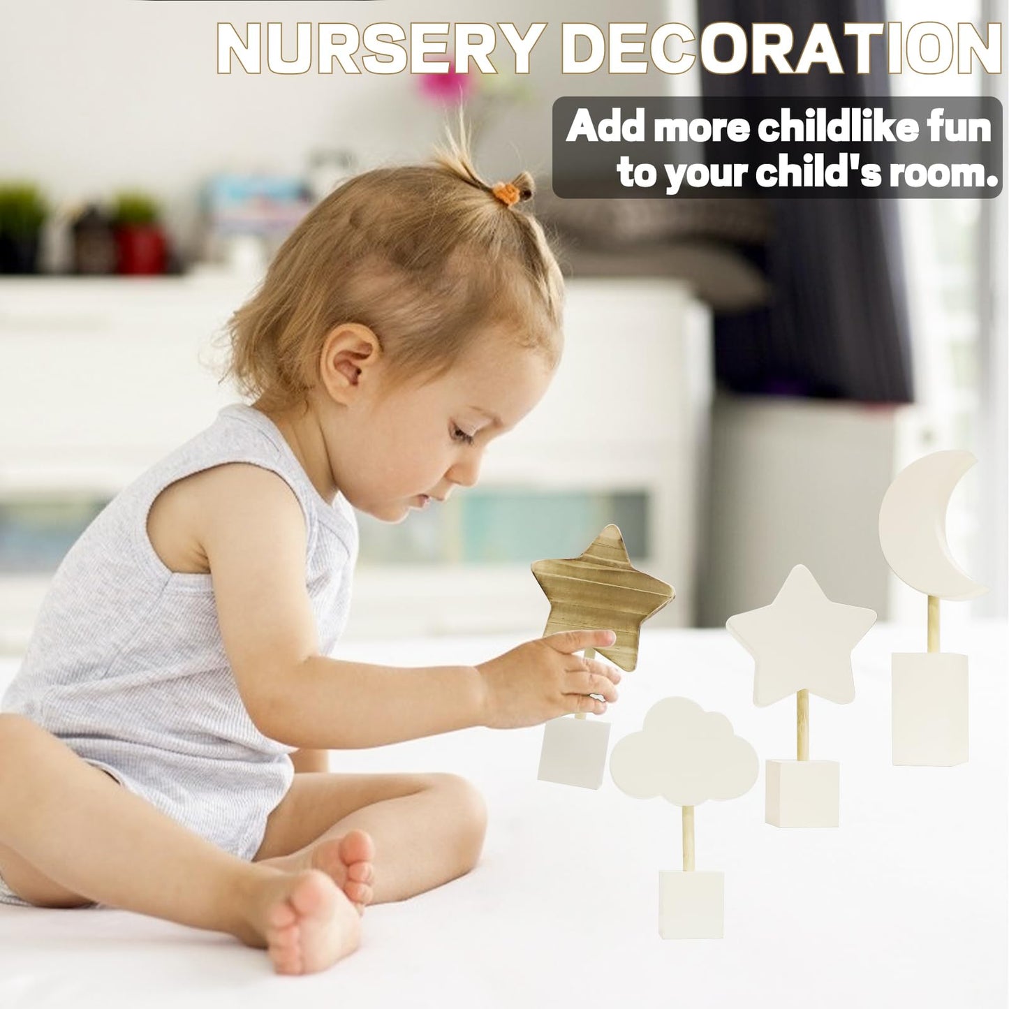 4 Pcs Wooden Moon and Stars Nursery Decor Boho Sky Cloud Nursery Shelf Decor Cute Children Baby Wall Decor for Nurseries Bedroom Kindergarten Classroom Playroom