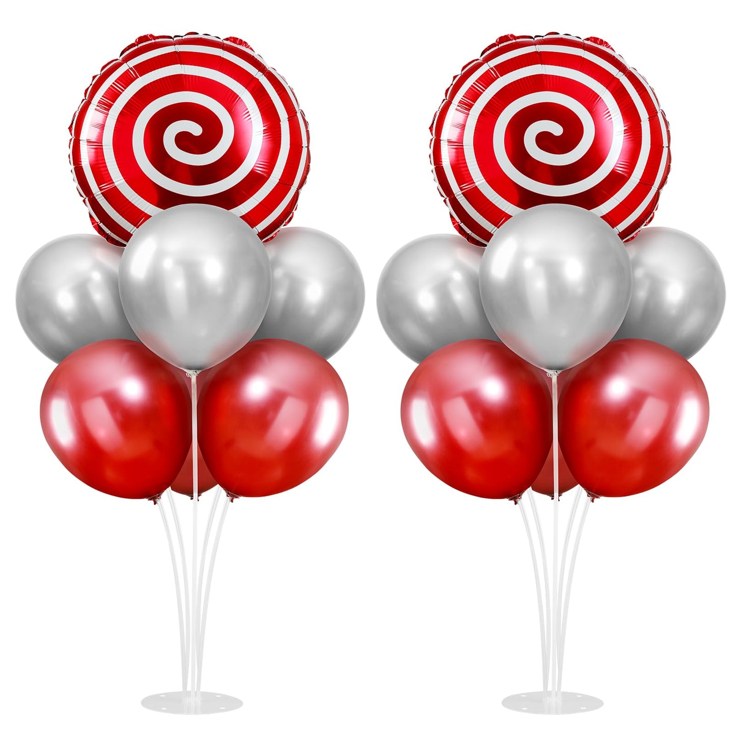2 Sets Red White Lollipop Balloon Stand Kit, 18 Inch Swirl Foil Balloons Table Centerpieces for Candyland Birthday Party Decorations, Baby Shower, Sweet Candy Themed Party Supplies-Red