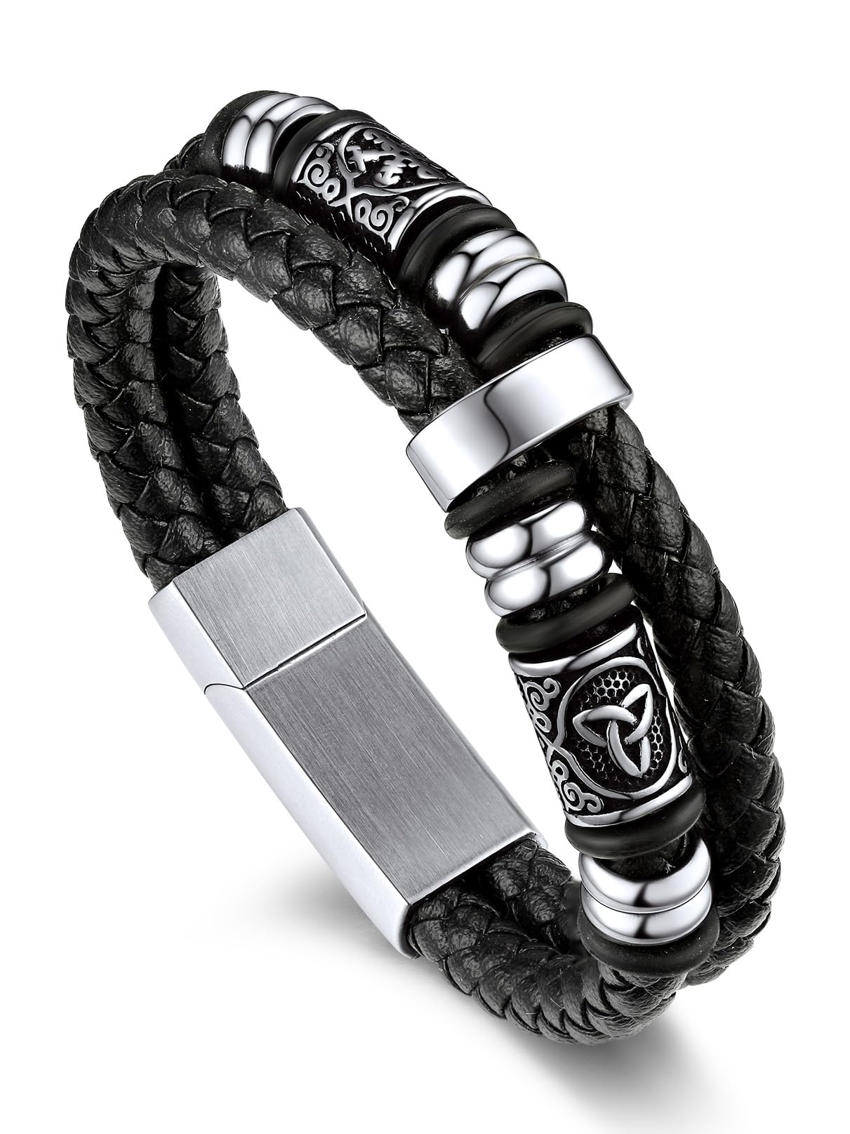 Bandmax Men's Norse Bracelet 8 inch Viking Celtic Knot Beads Bracelets Black Leather Braided Rope Wristband for Men Son Husband Grandson Gift For Father's Day Birthday Christmas Graduation