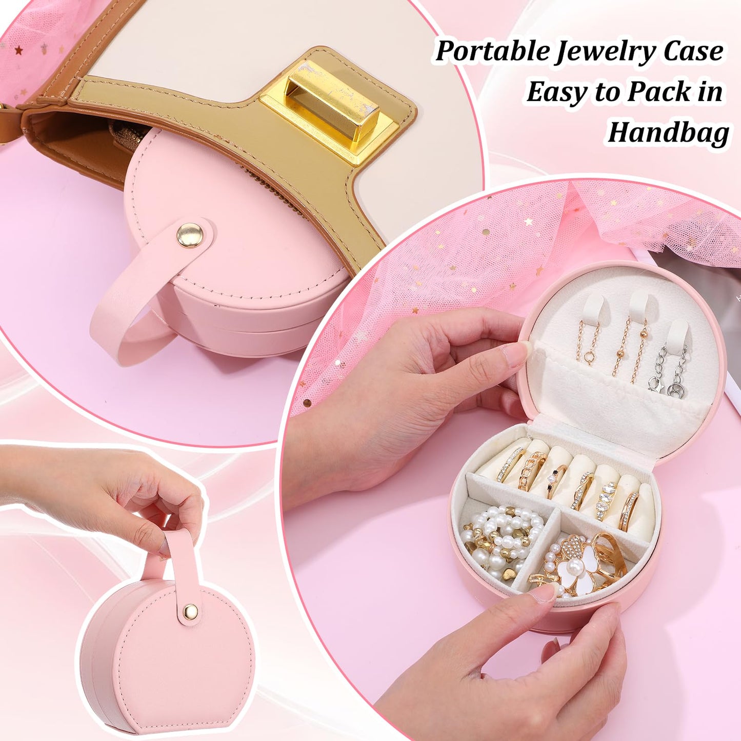 10 Pack Travel Jewelry Case Mini Leather Bridesmaid Jewelry Gift Box Bulk, Half Moon Design, Detachable Handle, Small Earring Storage Organizer for Women Girls Bridesmaid Proposal Gifts(Pink)