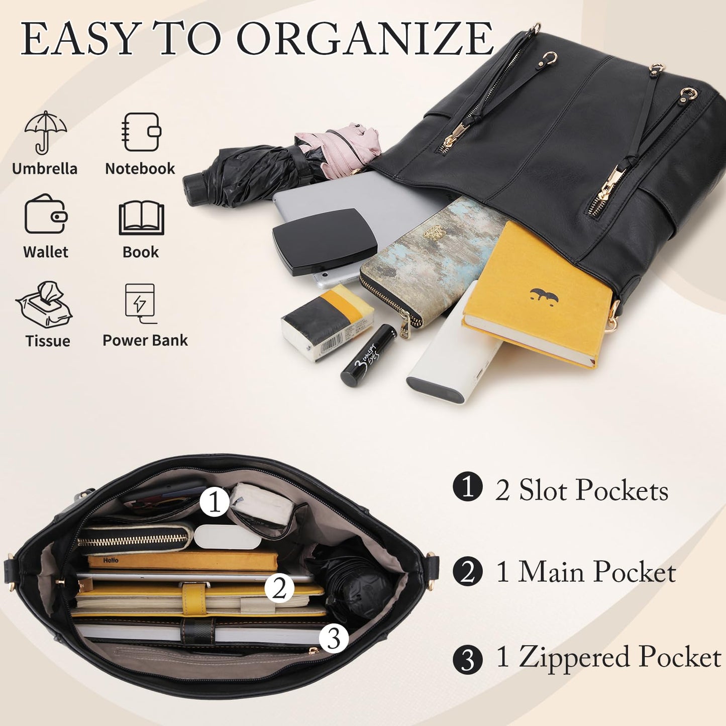 Chase Chic Hobo Bag for Women, PU Leather Ladies Purse and Handbags with Adjustable Strap Trendy Large Crossbody Shoulder Bucket Bag for Work,Travel(Black)
