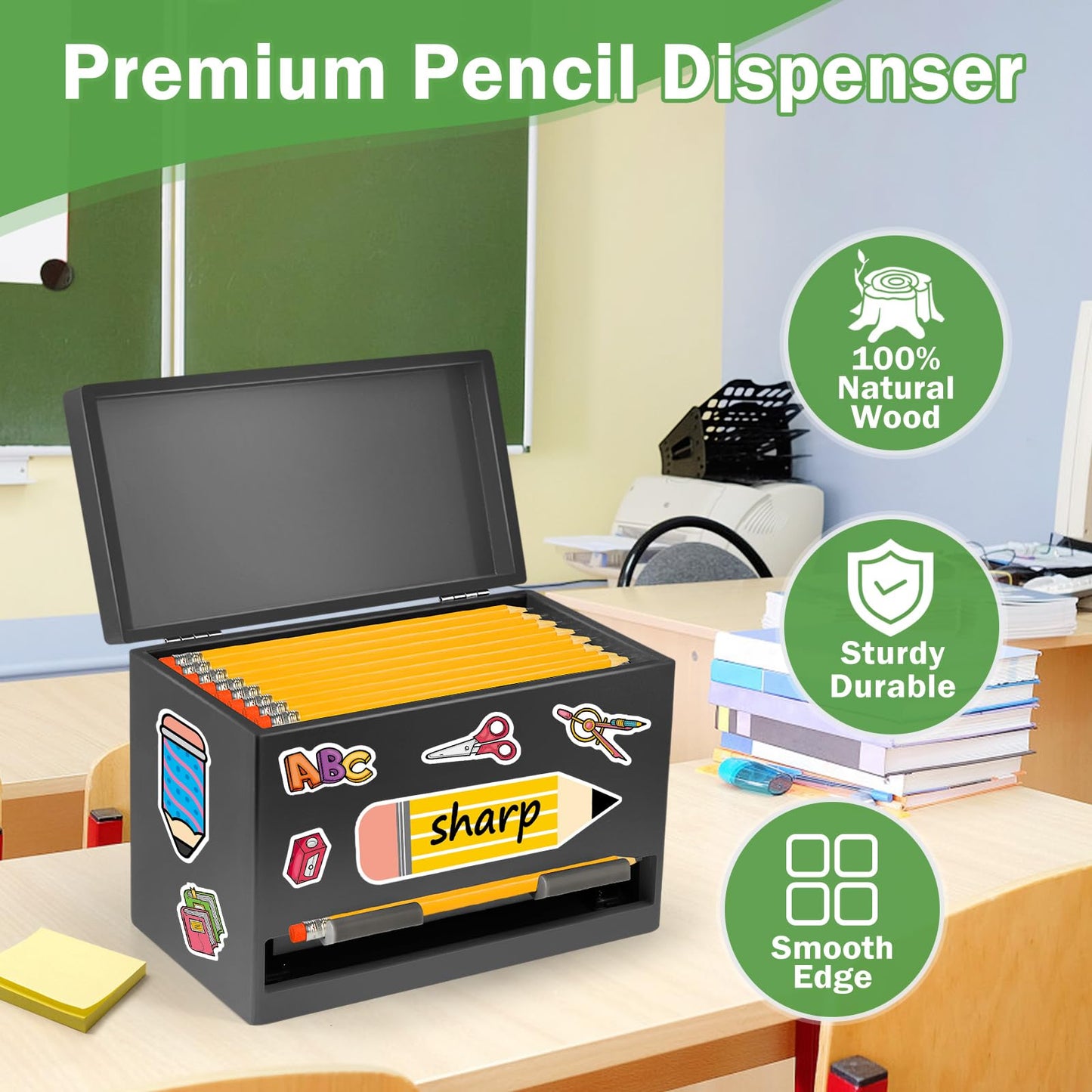 Pencil Dispenser for Classroom, Wooden Pencil Holder, Classroom Teacher Must Have, Pencils Straws Organization & Storage for Classroom Office Kitchen Restaurant (black)