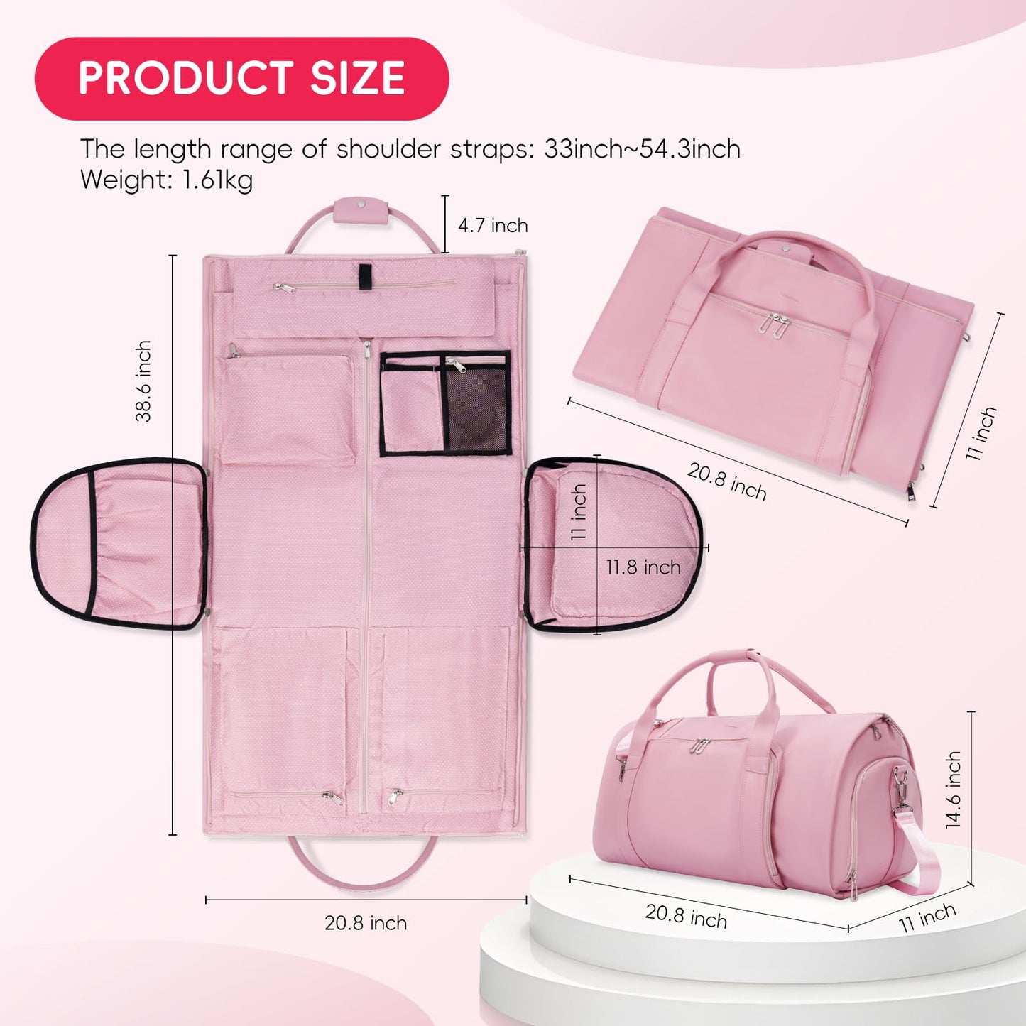 Modoker Leather Garment Bag for Travel – 2-in-1 Carry-On Suit Bag & Weekender for Women – Wedding Dress Luggage with Shoe Compartment & Shoulder Strap – Ideal for Business Trips,Pink
