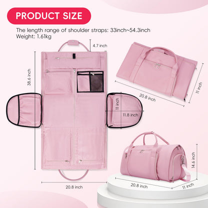 Modoker Leather Garment Bag for Travel – 2-in-1 Carry-On Suit Bag & Weekender for Women – Wedding Dress Luggage with Shoe Compartment & Shoulder Strap – Ideal for Business Trips,Pink