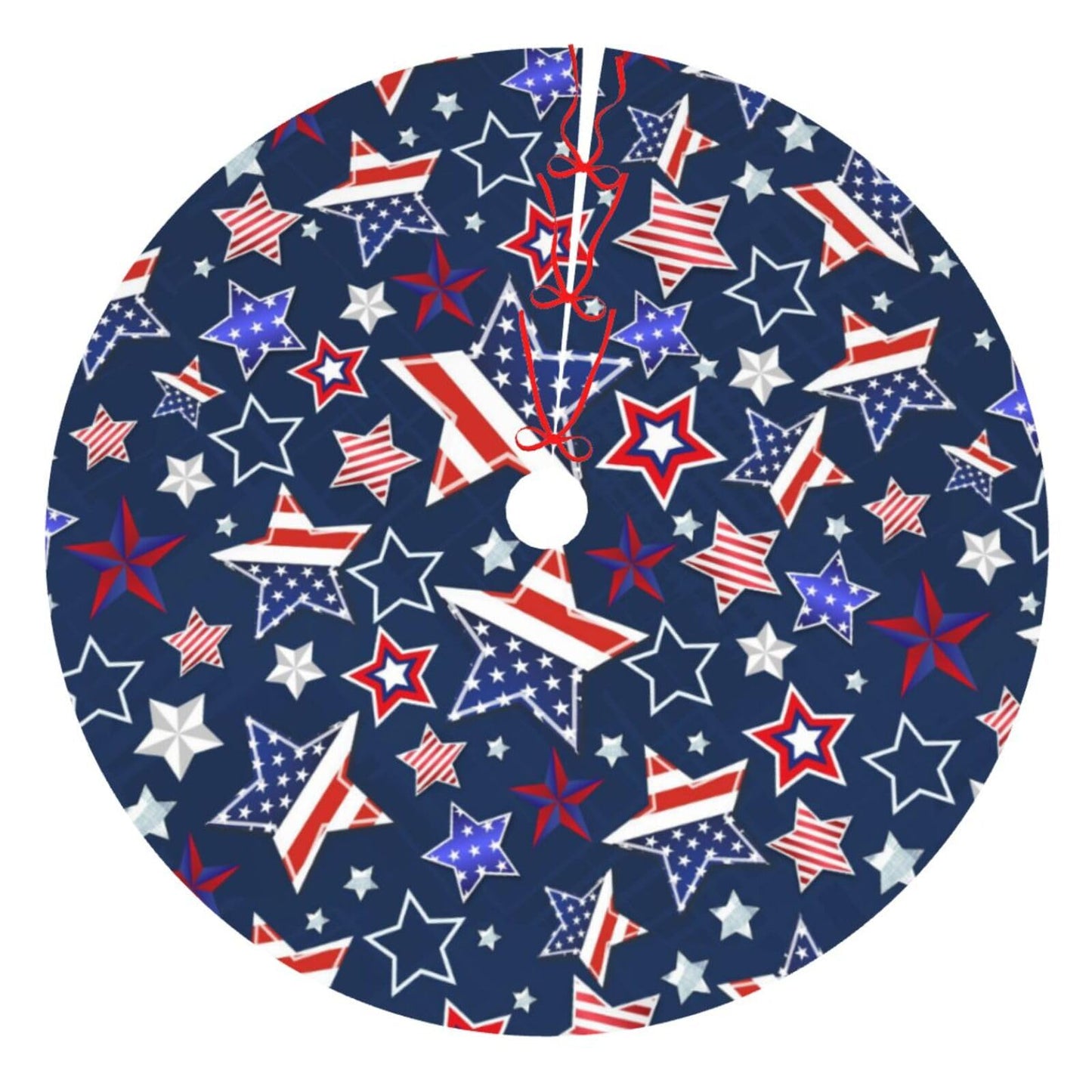 Patriotics Stars and Stripes Veterans Day 4th of July Memorial Day Christmas Tree Skirt - Plush Polyester Mat Resistant with 3 Red Ties for Xmas, Halloween Decorations, Party Decor 36"