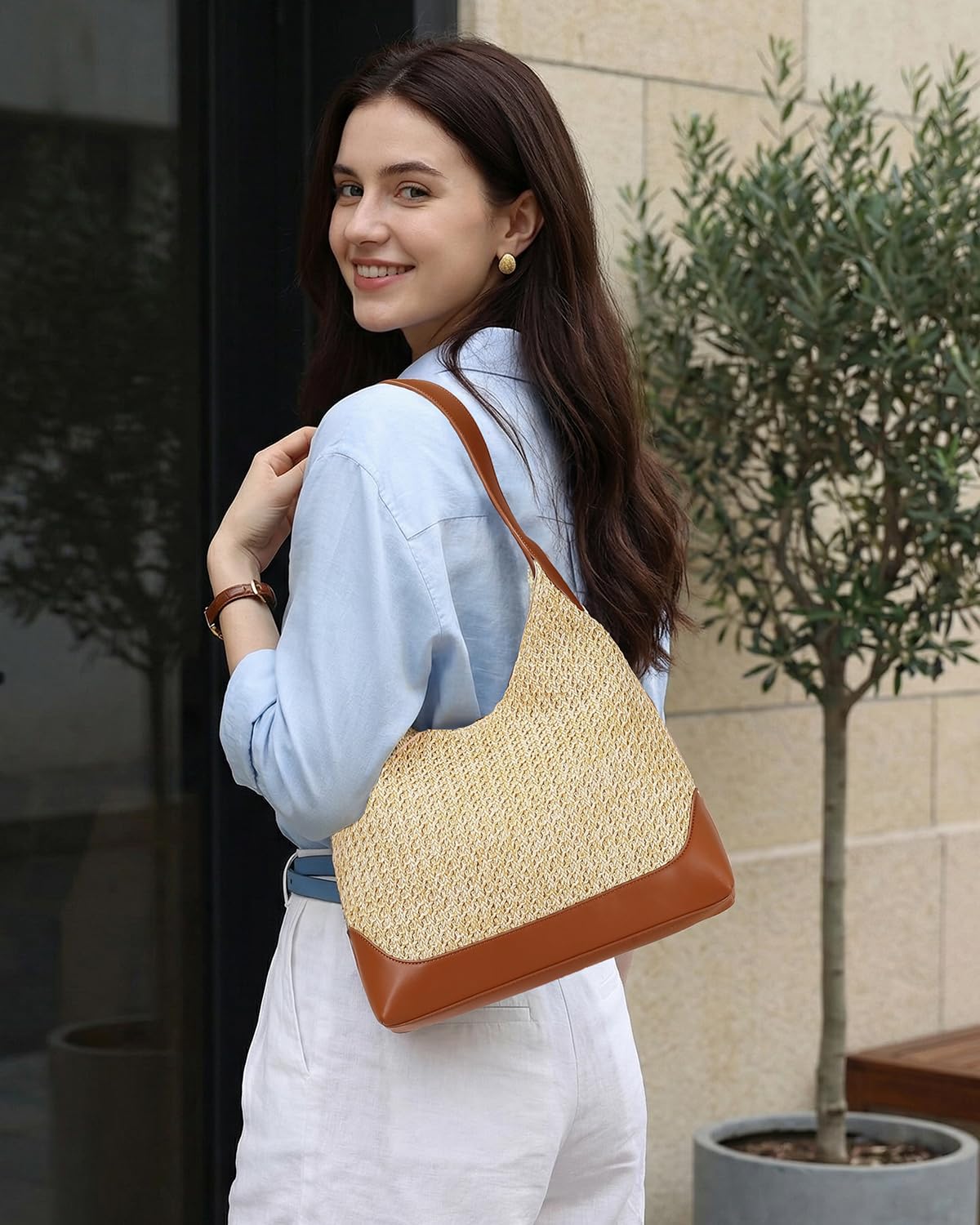 Herald Straw Woven Hobo Shoulder Bag for Women, Slouchy Medium Summer Beach Raffia Shoulder Handbag Tote Purse (Brown)
