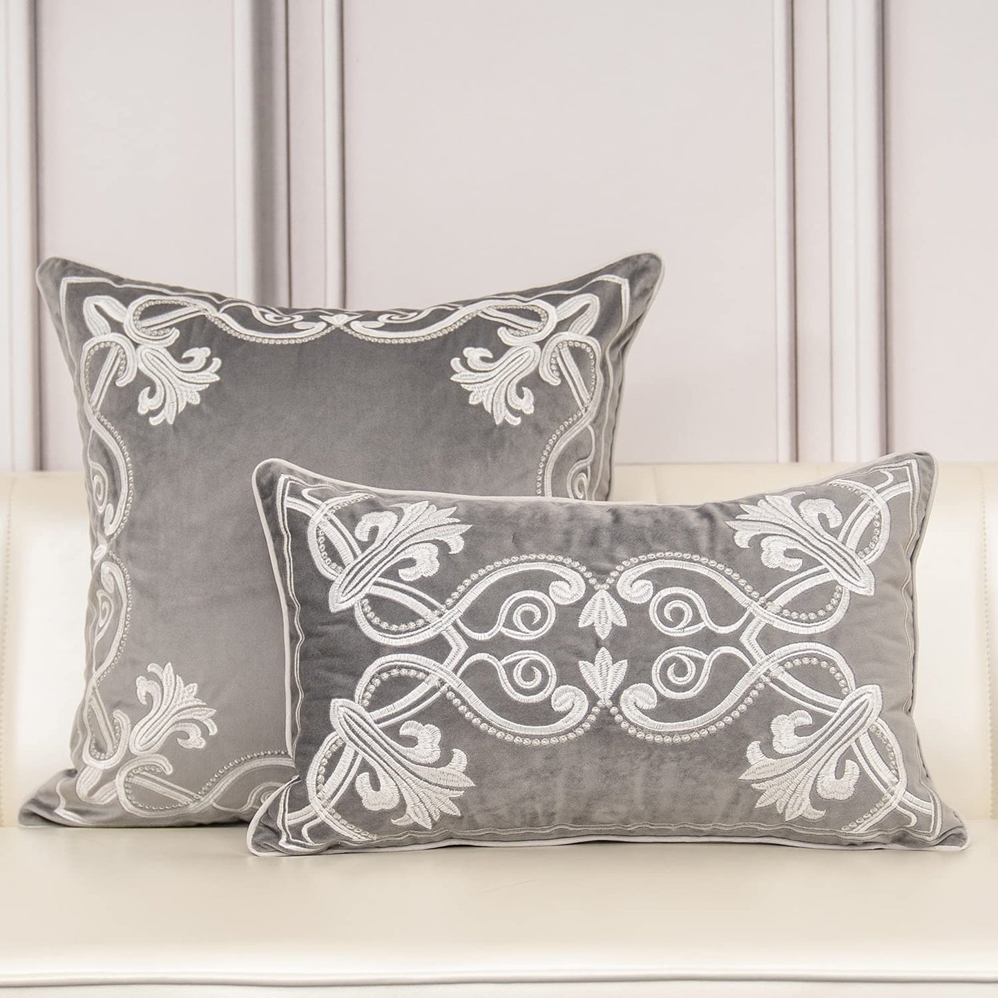 Aeckself European Floral Pillow Cover 18x18 Inch, Luxury Velvet Embroidered Decorative Throw Pillow Cover for Couch Bedroom Living Room, Grey and White