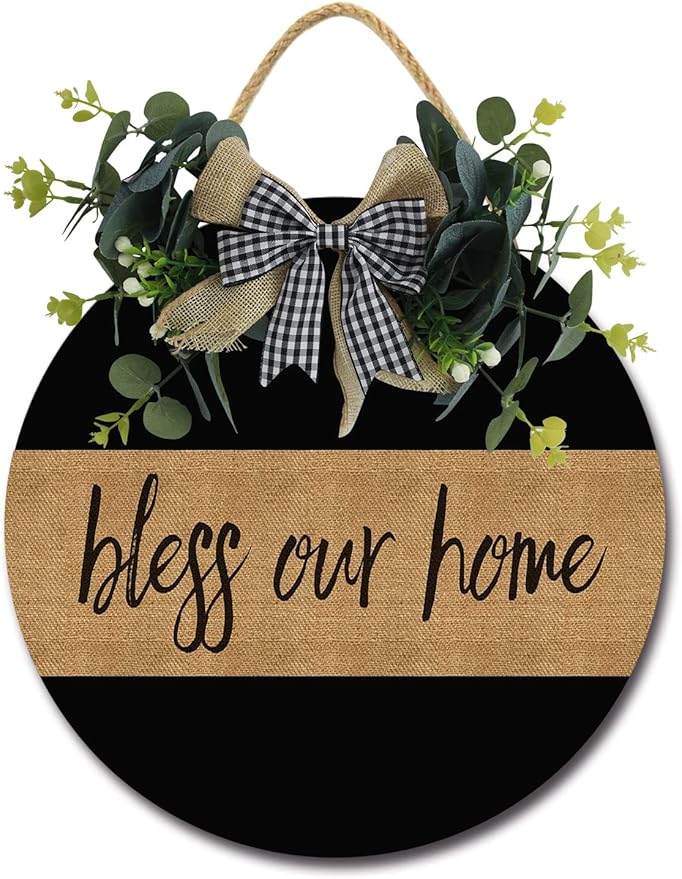 Bless Our Home Front Door Sign Funny Wreaths Hanging Wooden Plaque Decoration Round Rustic Wood Farmhouse Porch Decor for Home Front Door Decor, 11 x 11 Inch