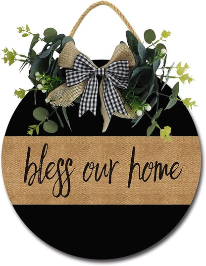 Bless Our Home Front Door Sign Funny Wreaths Hanging Wooden Plaque Decoration Round Rustic Wood Farmhouse Porch Decor for Home Front Door Decor, 11 x 11 Inch