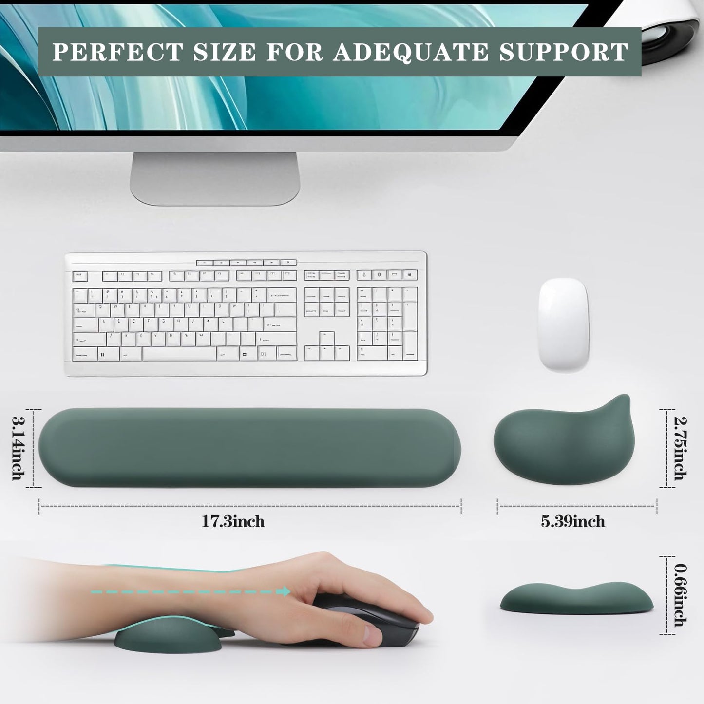 Wrist Rest for Keyboard and Mouse Pad, Ergonomic Memory Foam Keyboard Wrist Rest Set, Luxe Leather, Non-Slip Desk Accessories for Office and Home (Green)