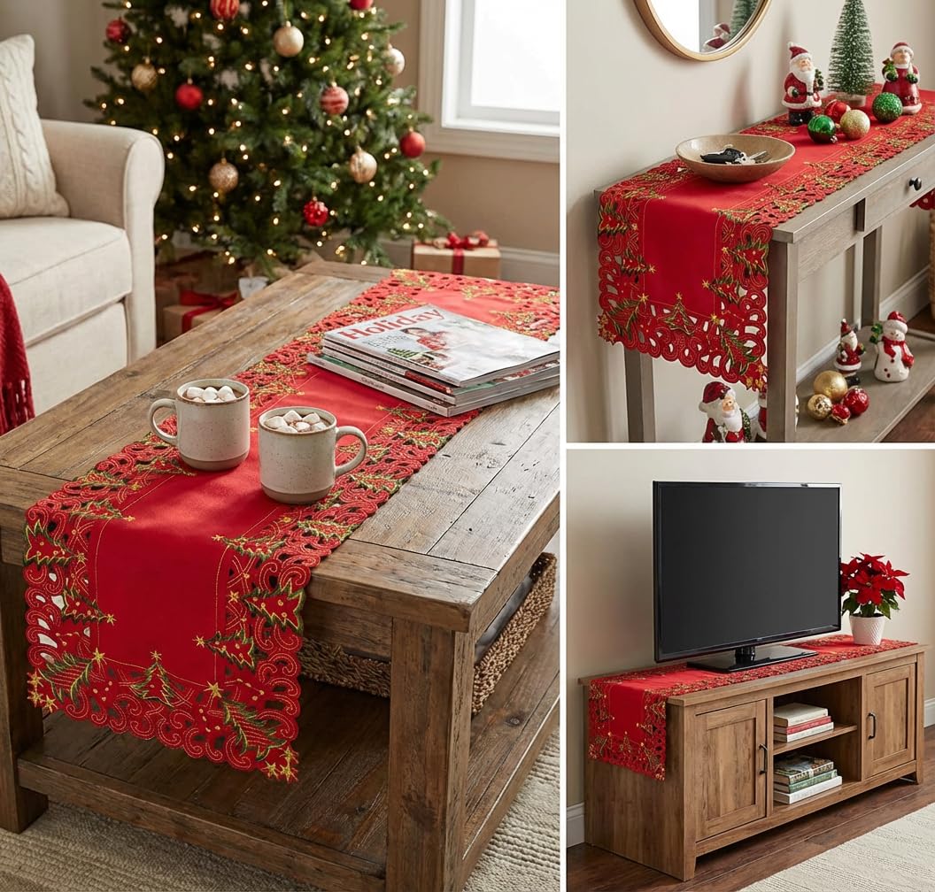 SHANGRLA Red Christmas Tree Table Runner 72 Inches Long – Embroidered Lace Tablerunner with Xmas Tree Design, Elegant Festive Dining Room Table Decor, Holiday Table Linen Centerpiece