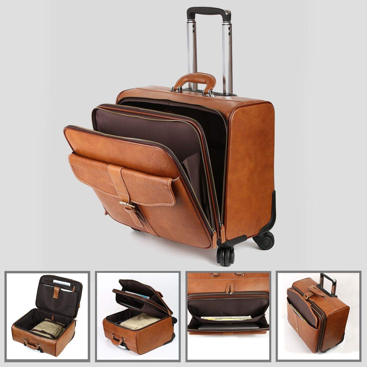 Leathario Leather Rolling Laptop Case Wheeled Briefcase Suitcase Roller Boarding