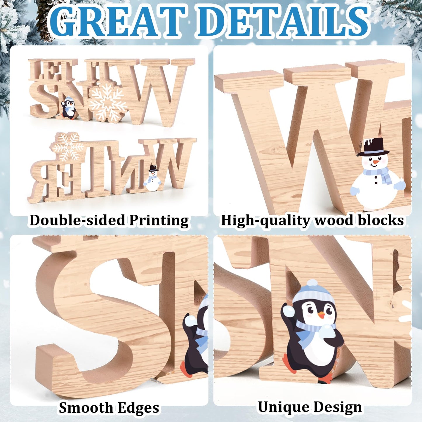 COCHIE Wooden Winter Let It Snow Sign, Snowflake Winter Decorations for Home, Office, Shelf, Mantel, Indoor, Blue White Wood Table Top Party Decor (Brown)