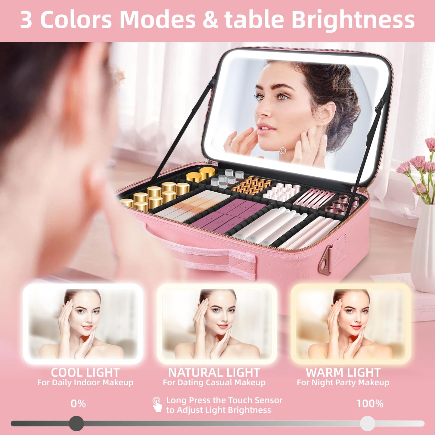 Upgraded Large Travel Makeup Bag with LED Mirror, 15” Professional Makeup Case with 3 Color Modes Dimming Lighted Mirror, Light up Cosmetic Make up Organizer with PU Leather Cover, Adjustable Dividers