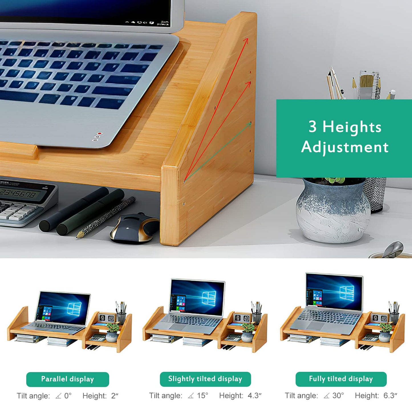 Ufine Bamboo Laptop Stand for Desk 3 Heights Adjustable Notebook Stand Computer Monitor Riser with 2 Tier Storage Shelf, Desktop Organizer Printer Stand for Home Office