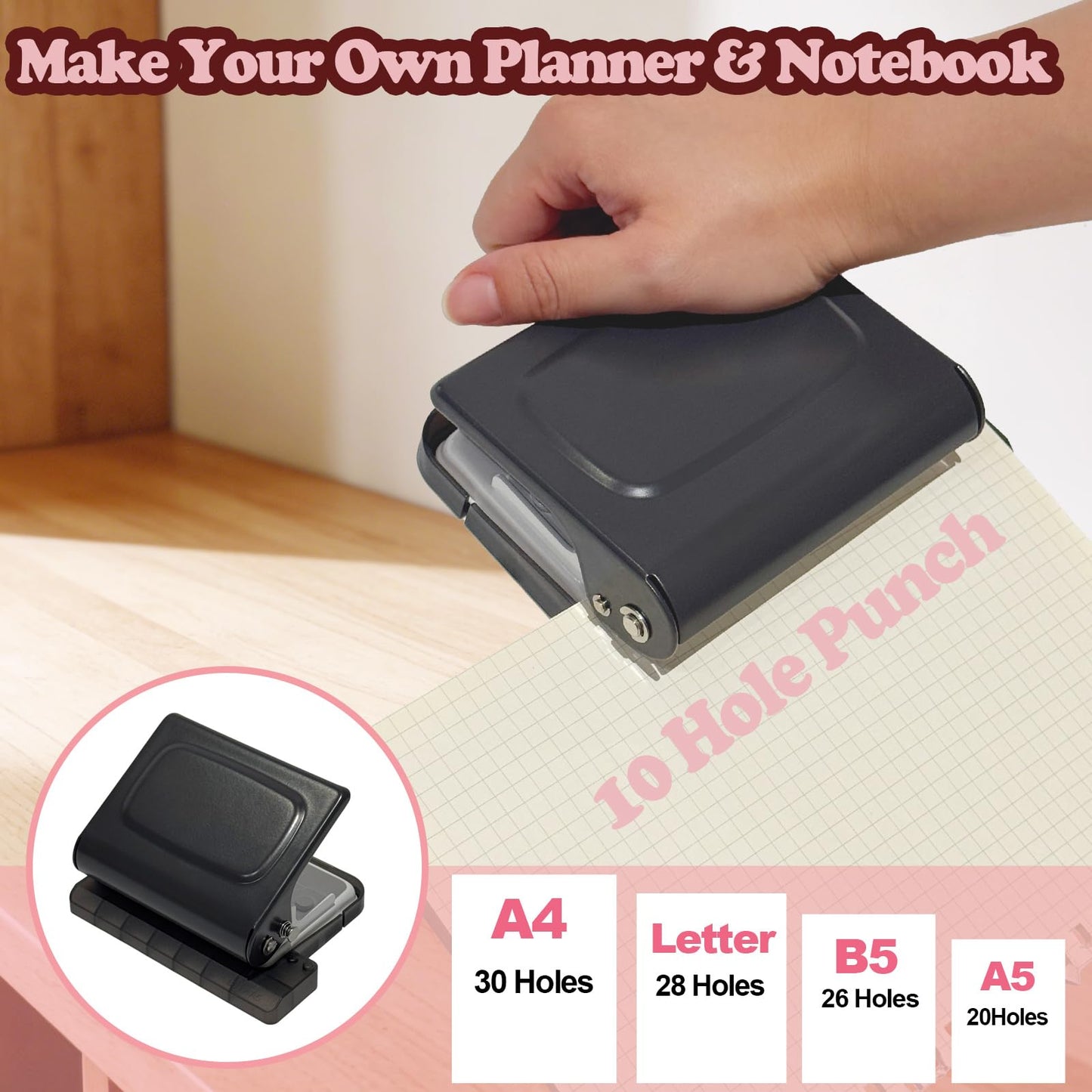 10 Hole Punch Binding Machine for Planners, Manual Paper Puncher for DIY Loose Leaf Notebooks, Includes 18 Colorful Binder Rings, Perfect for A4/A5/B5 DIY Scrapbooking, Black
