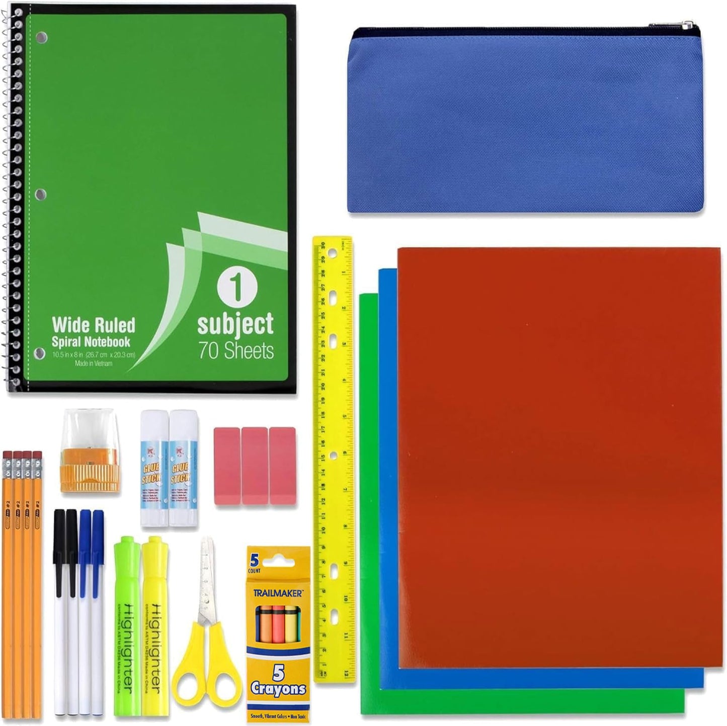 School Supplies Kit for Girls, Boys Back to School Supplies Bundle Pack 30 Piece School Supply Box Set for Kids Kindergarten, Elementary K-8 Includes Notebook, Folders, Pens, Pencils, and More