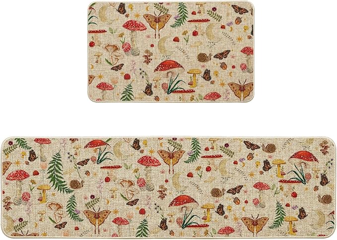 Artoid Mode Mushrooms Butterfly Spring Kitchen Mats Set of 2, Home Decor Low-Profile Kitchen Rugs for Floor - 17x29 and 17x59 Inch