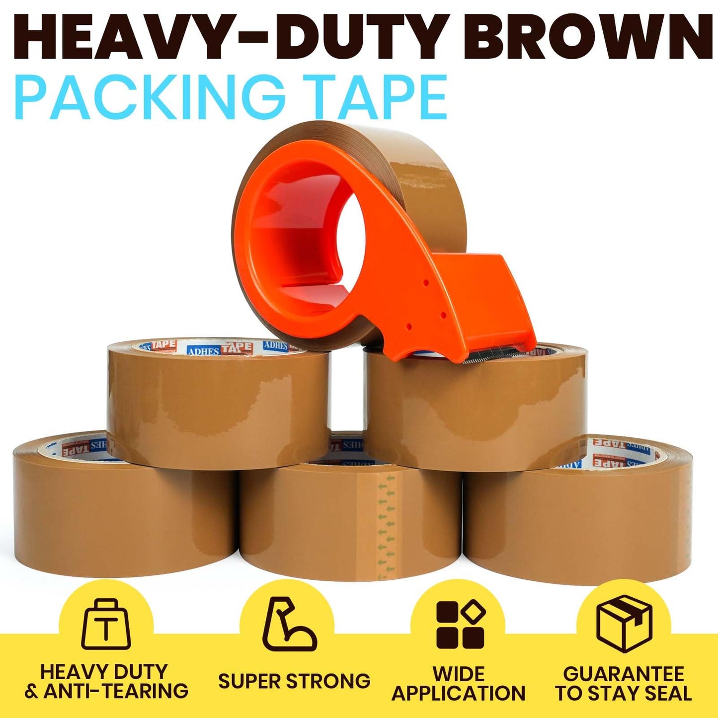ADHES Brown Packing Tape with Dispenser, 1.88 Inch x 55 Yards, 12 Rolls Heavy Duty Shipping Tape for Moving Boxes, Packaging and Storage, Strong Adhesive
