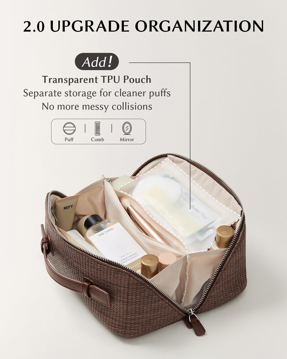 EACHY Travel Makeup Bag, Woven Travel Waterproof Toiletry Bag, Portable 180° Wide-Open Flat Cosmetic Bags for Women, Large Capacity Makeup Pouch with Divider and Handle