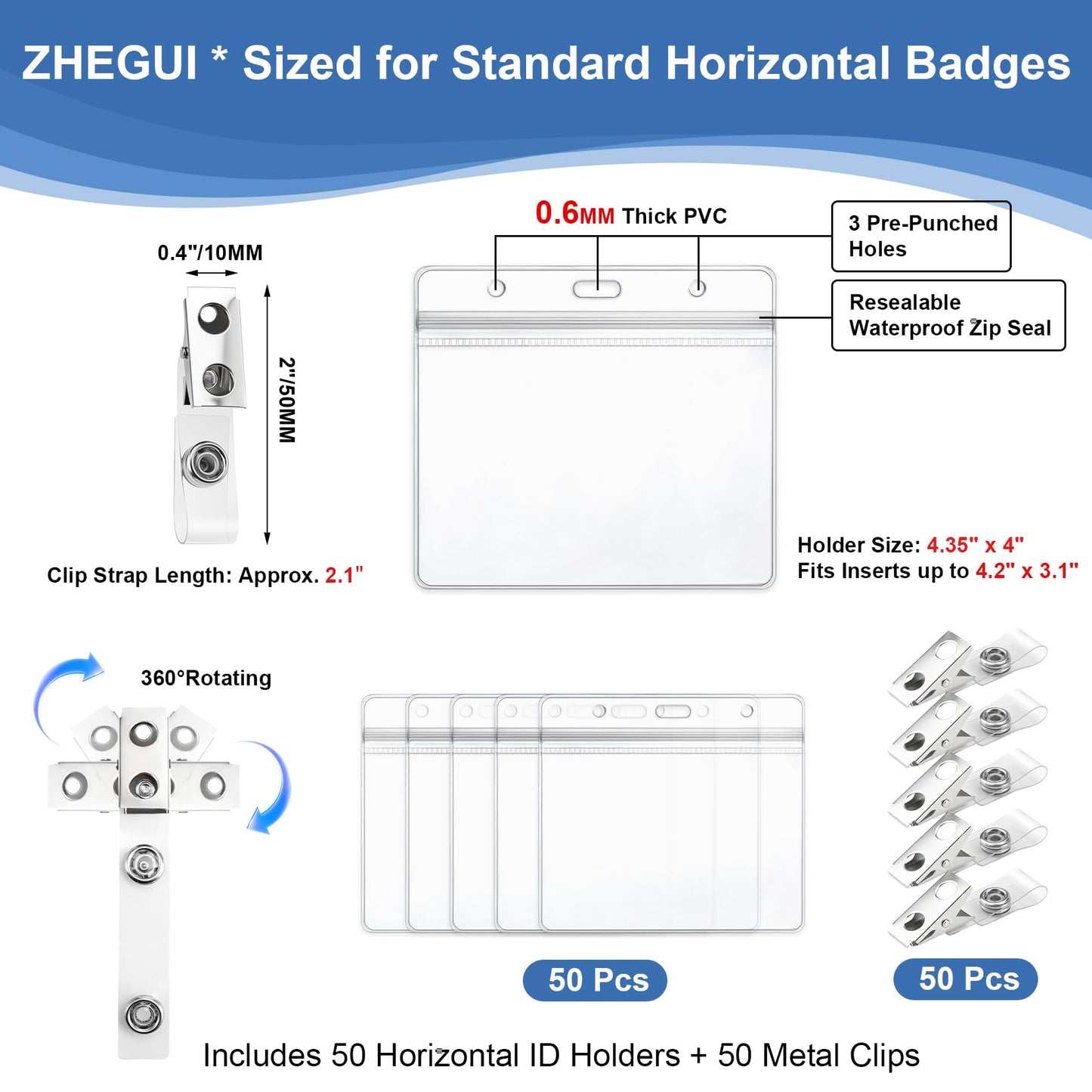 Clear Horizontal 4x3 Name Tag Holders 50 Pack with Metal Clips, Bulk Waterproof PVC ID Badge Holder, Plastic Name Badge Holders for Conferences, Trade Shows, Exhibitions and Company Events