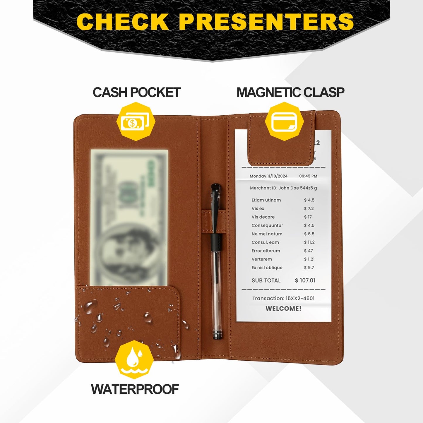 PATIKIL Restaurant Check Presenters, 2Pcs Guest Check Bill Holder with Magnetic Clip PU Leather Check Presenters for Restaurants Waitress Servers Bars, Light Brown