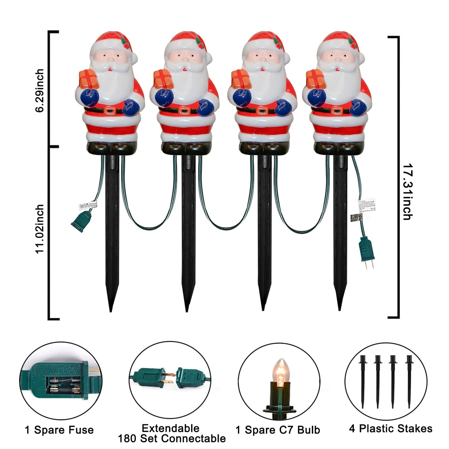 Christmas Decorations Outside, 7Ft Christmas Santa Pathway Stake Lights with 4 C7 Bulbs, Stake, Connectable Waterproof Driveway Markers Lights for Outside Path Garden Decor Holiday Yard Patio