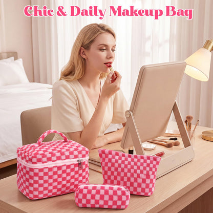 Gilprop 3 Pcs Knit Checkered Makeup Bags Zipper Cosmetic Bag for Purse Large Travel Toiletry Bag Organizer Portable Accessory Pouch Brush Bags Pencil Case for Women (Hot Pink)