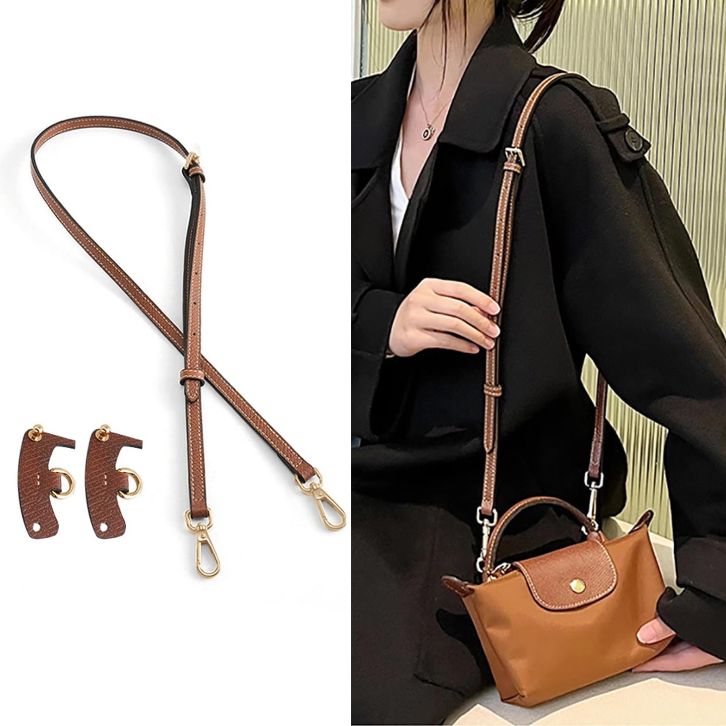 jiesinlov Leather Bag Shoulder Strap Compatible with Mini Pouch,Purse Straps Crossbody Adjustable Replacement Conversion accessories Kit Fit for xs Le Pliage Handbag (BROWN-GOLD)