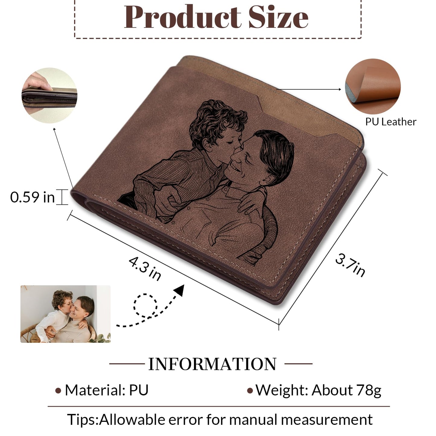 Cupike Custom Wallets for Men, Personalized Minimalist Leather Bifold Wallet Engraved with Name & Photo Initials, Customized Wallet Gifts for Fathers Boyfriend Son Husband