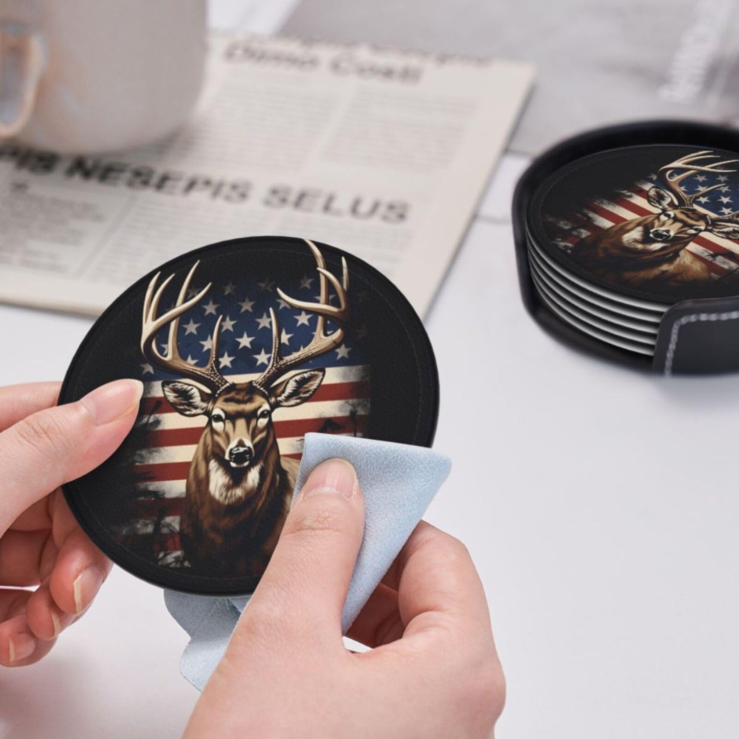 Neukim 6 Pcs American Hunting Deer Leather Coasters for Drinks with Holder Round Mug Mat Table Desk Coasters Set Cup Coasters for Living Room Kitchen Coffee Decor