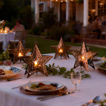 Hanging Solar Lights for Outside Trees, 4 Pack 6-Inch Hanging Star Lantern with Solar Tea Lights Outdoor Waterproof Chandelier, Patriotic Star Lights for 4th of July Decorations Porch Patio Pergolas