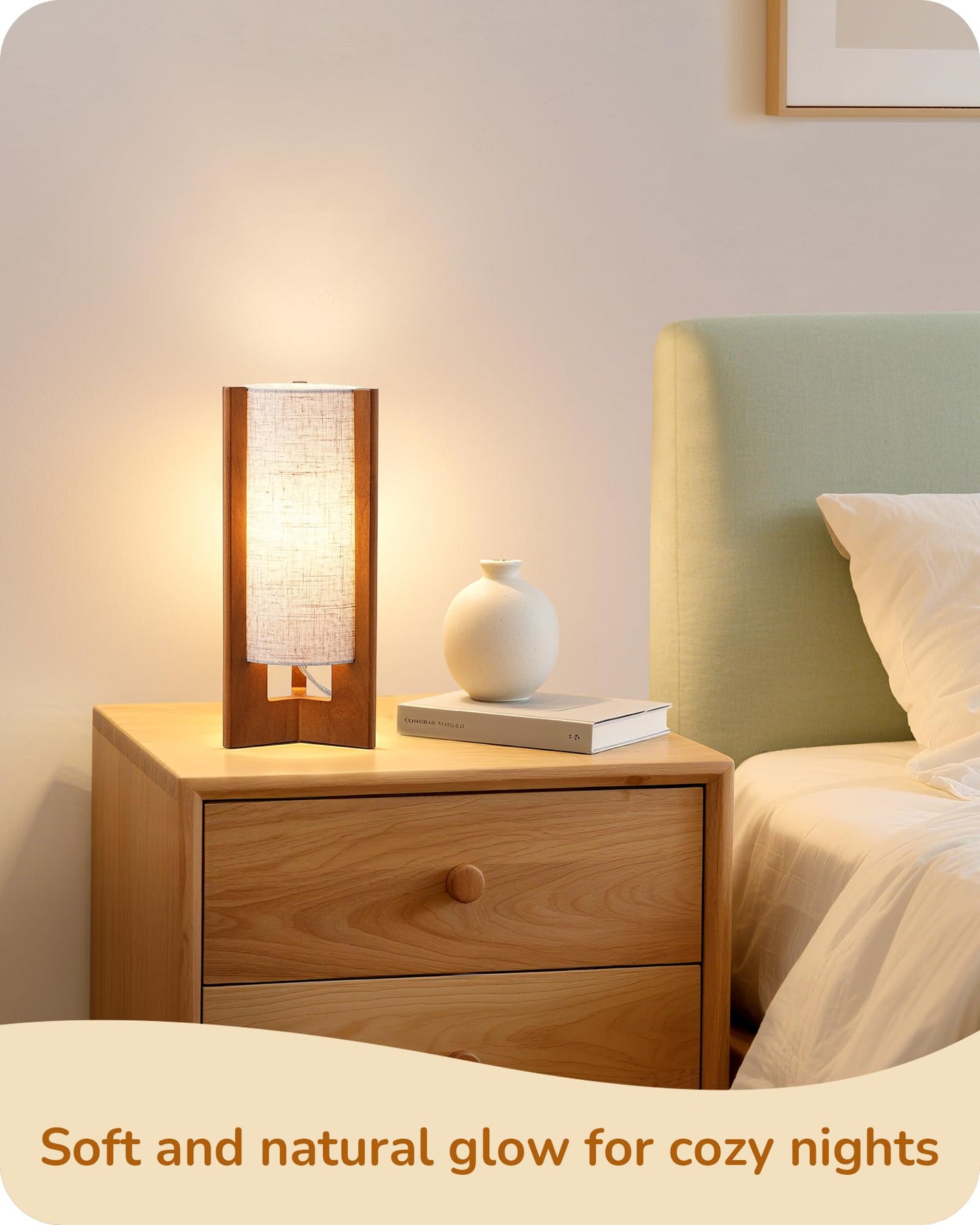 EDISHINE 13.5" Small Table Lamp, Walnut Wood Cylinder Nightstand Lamp for Bedroom, Beige Linen Shade, Corner Modern Bedside Lamp for Living Room, On-Off Line Switch, E26 Base (Bulb Not Included)