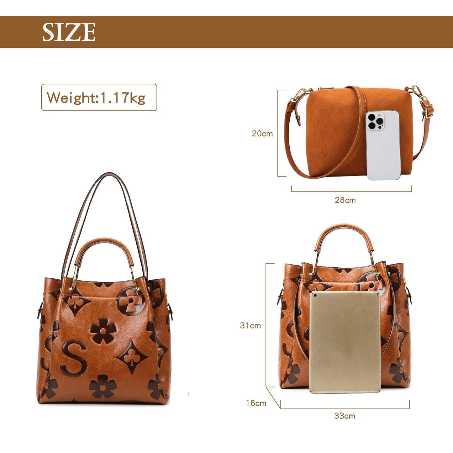 Travistar Floral Handbags and Purses Women - Retro Embossed Leather Top Handle Handbag Set Large Women's Shoulder Bag Trendy Hobo Purse Ladies Bucket Satchel Bags Chic Work Tote with Pouch Brown