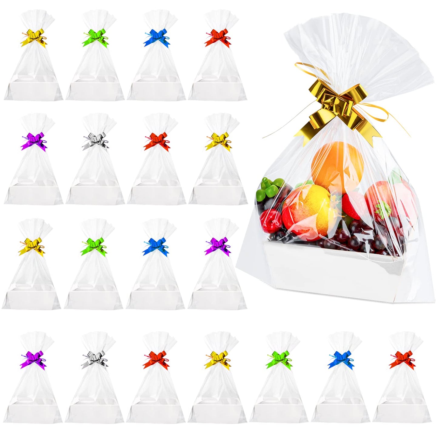 Fainne 74 Pcs Baskets for Gifts Empty Bulk DIY Empty Gift Basket Include 20 Kraft Cardboard Tray with Handles 30 Bags 24 Bows for Christmas Thanksgiving Birthdays Snacks Party, 8" x 6" x 3"(White)