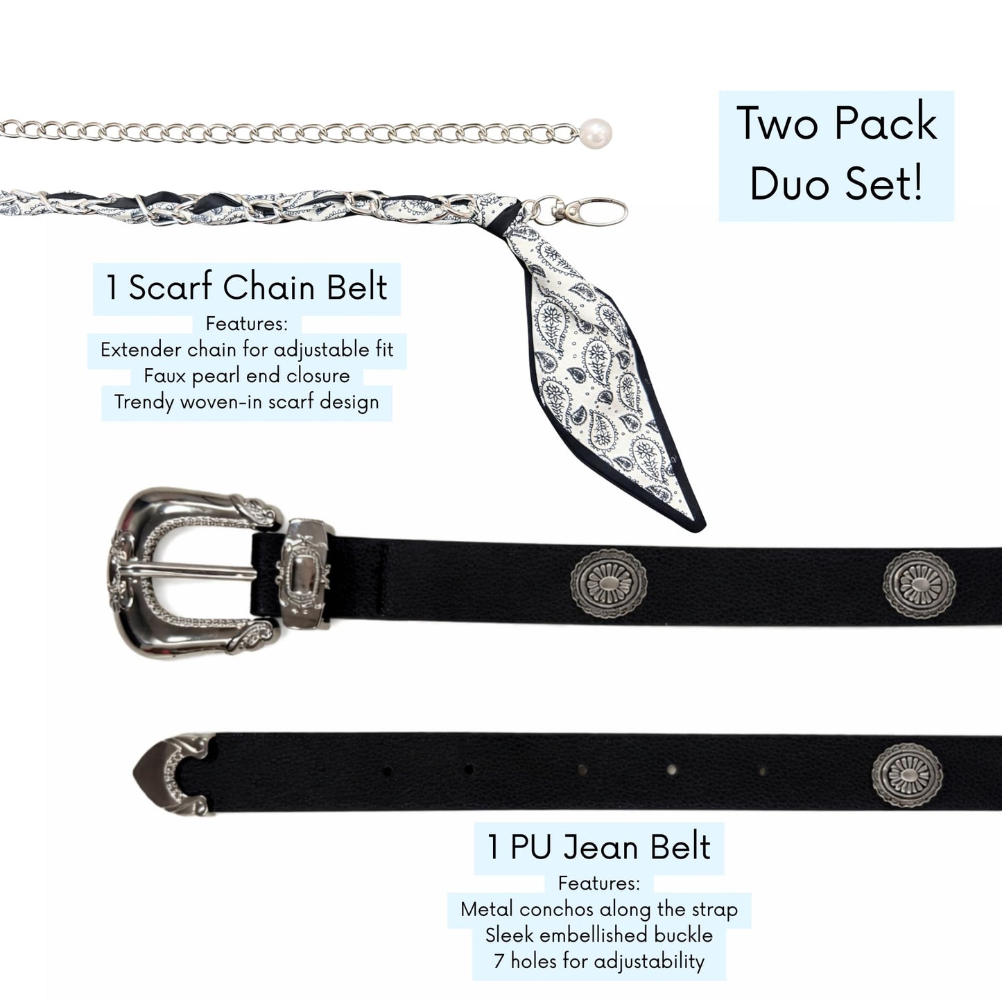 Women’s 2-Pack Belts – Faux Leather Skinny Jean Belt and Scarf Chain Belt – Stylish Waist Accessories for Everyday Wear (Black with B/W Scarf Belt, S/M)