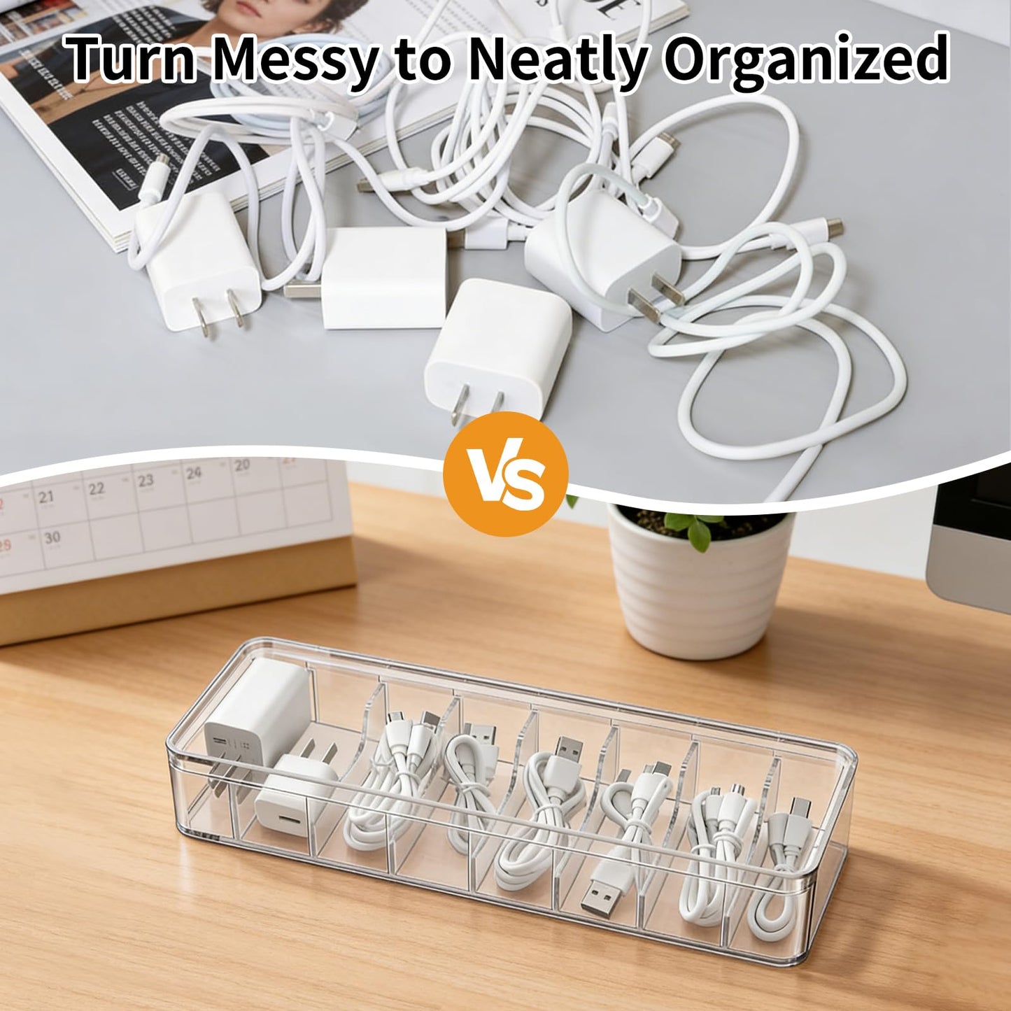 2 Pack Cable Organizer Box with Lid - Stackable Charger Cord Storage Organizer with 20 Wire Ties - Adjustable Compartments Phone Cables Wire Management Box for Drawer Desk Office Home Accessories