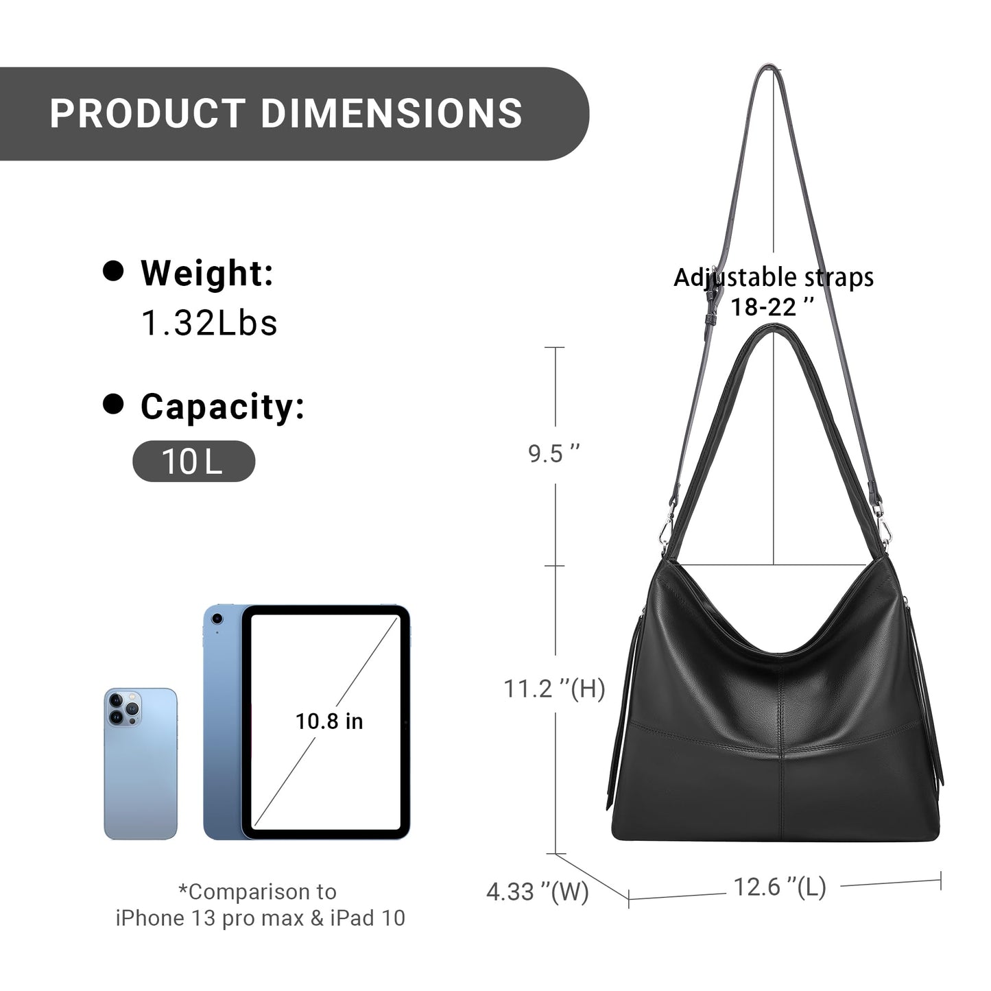 Morriloom Genuine Leather Hobo Bags for Women Crossbody Purses Work Tote Bag Designer Shoulder Handbags with 2 Straps (Black)