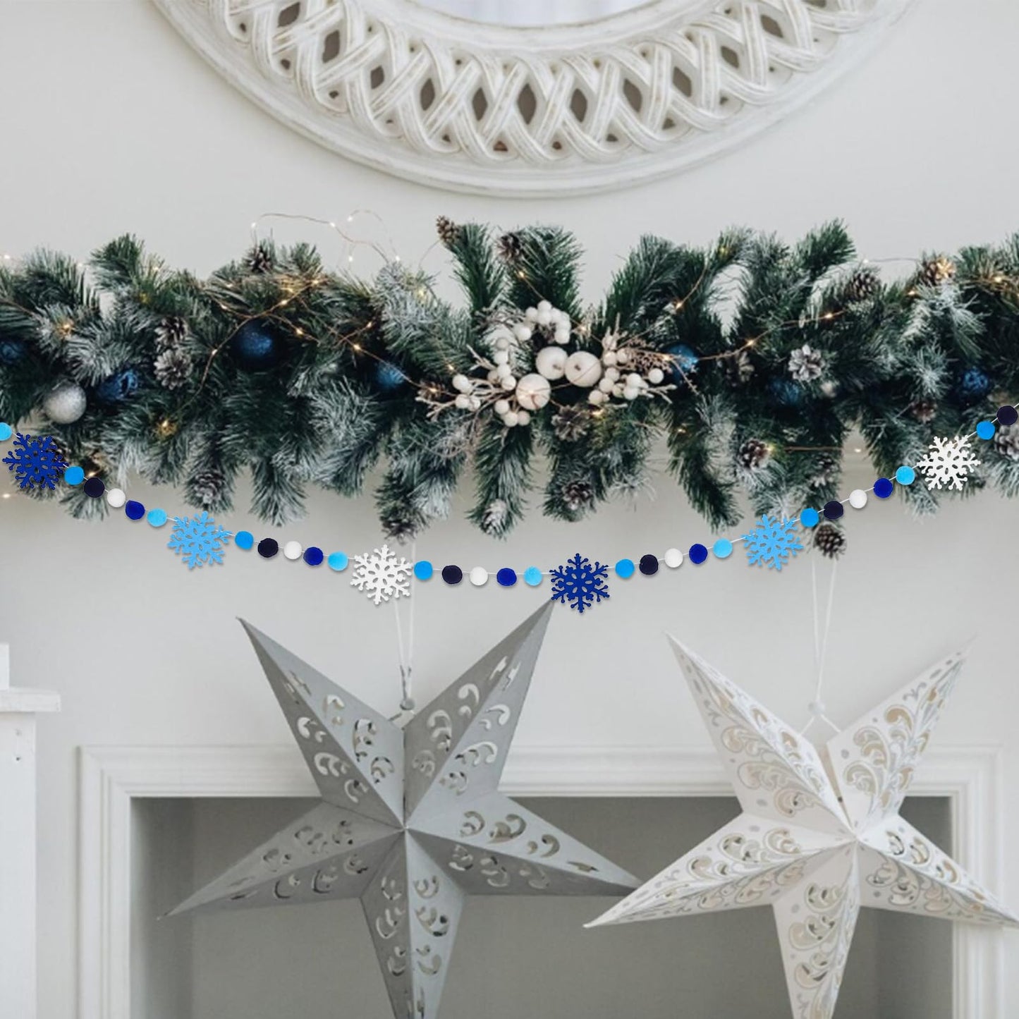 AnyDesign 8.2Ft Winter Snowflake Felt Ball Garland Cute Dark Blue Sky Blue White Pom Ball Banner Christmas Hanging Bunting Garland for Xmas Holiday Home Mantel Wall Decor Party Supplies