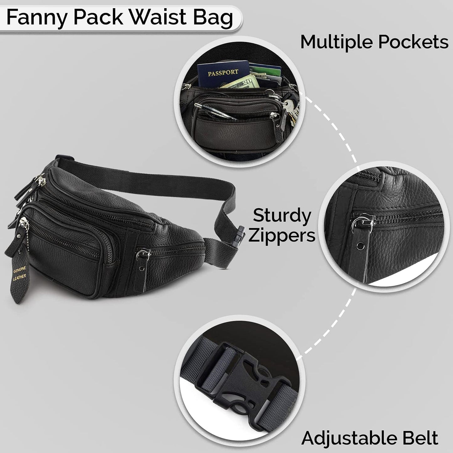 Fanny Pack Waist Bag Multifunction Genuine Leather Hip Bum Bag Travel Pouch for Men and Women- Multiple Pockets & Sturdy Zippers Ideal for Hiking Running And Cycling