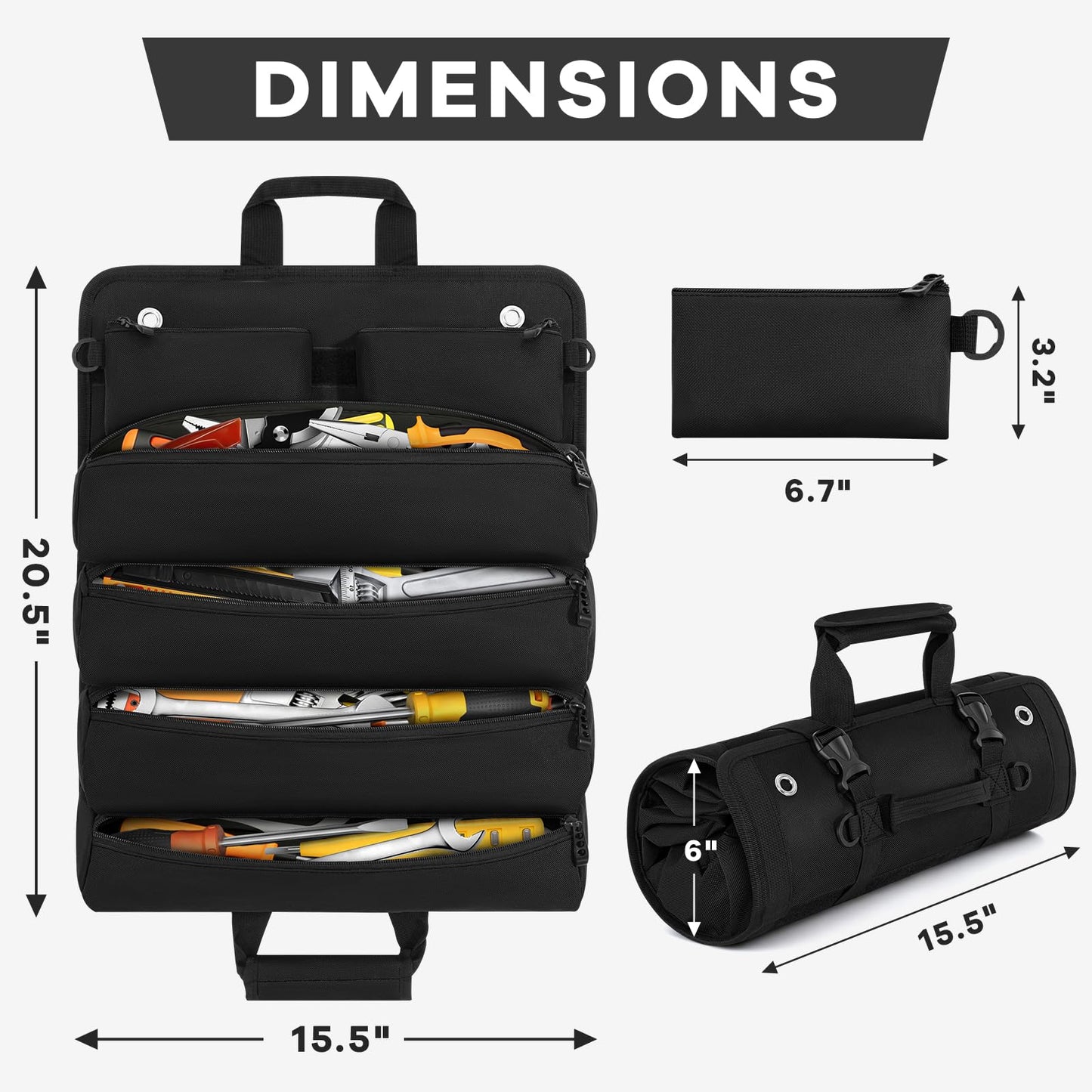 ANILD Roll Up Tool Bag Organizer, Heavy Duty Portable Tool Roll Organizer Bag with 2 Detachable Pouches, Father’s Day Gift, Gifts for Men, Electrician, Mechanic& Hobbyist (Black, Large)