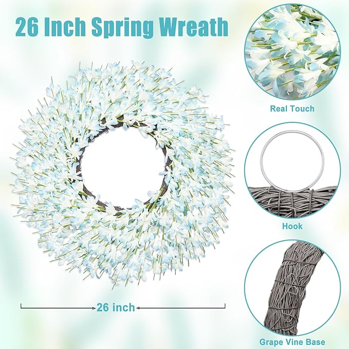 Large Summer Spring Wreaths for Front Door 26 Inch Spring Summer Door Wreath Easter Wreaths for Front Door Wild Floral Wreath for Farmhouse Porch Wall Wedding Living Room Home Decor Aesthetic(Blue)