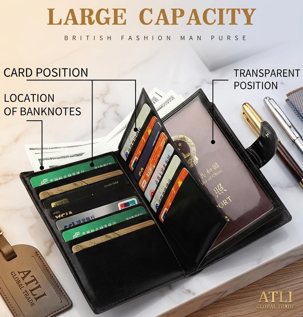 Passport Credit Card Holder - Passport Wallet for Men - Passport Holder for Travel - for 2 Transparent Passport Pockets, Boarding Pass, ID, Credit Cards, Cash, Coin - Family Passport Wallet