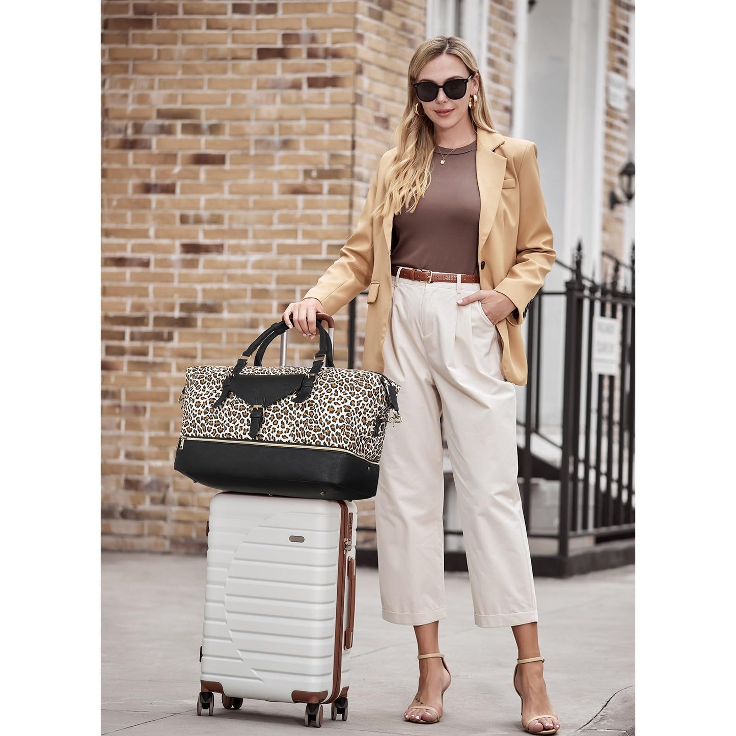 CLUCI Weekender Bag for Women Canvas Large Overnight Travel Duffel Bag with Shoe Compartment Leopard Pattern with Black