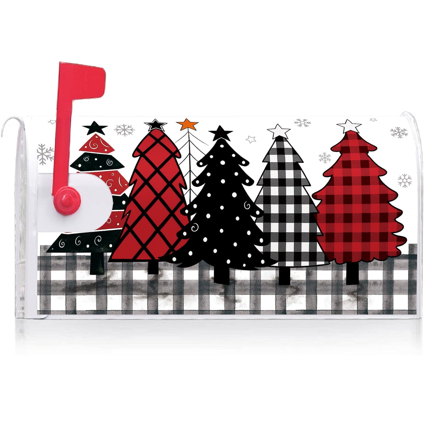 Texupday Buffalo Plaid Christmas Tree Mailbox Cover with Magnetic Strip Winter Holiday Snowflakes Mailbox Wraps Post Letter Box Cover Standard Size 21" X 18" for Garden Outdoor Yard Decor